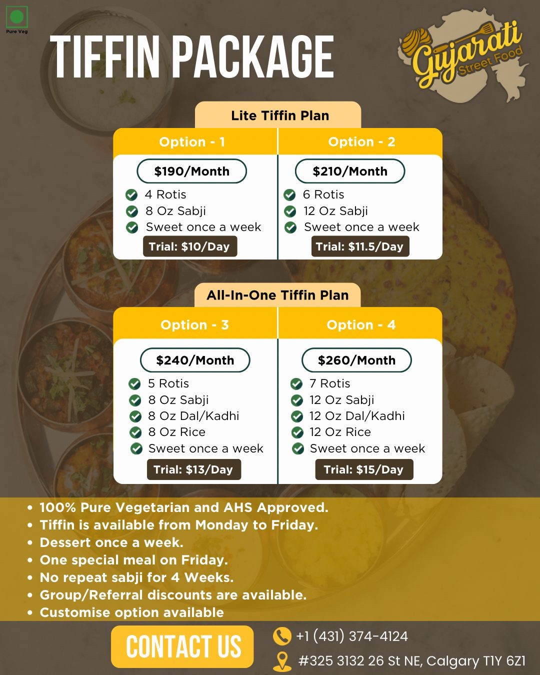 Weekly Gujarati tiffin package pricing at Gujarati Street Food Calgary — Lite Plan from $190/month, All-In-One Plan from $240/month, AHS-approved 100% pure veg